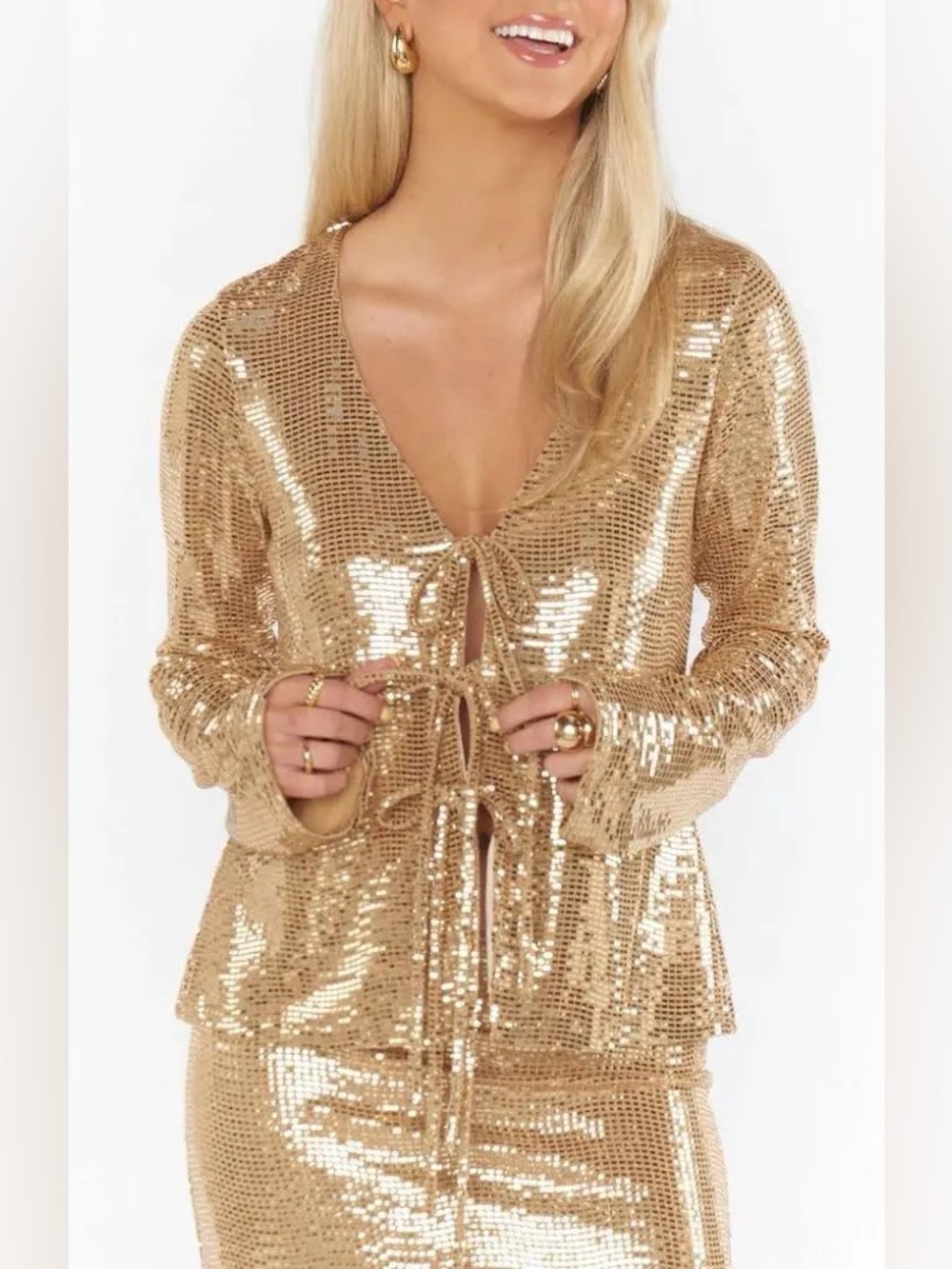 Show Me Your MuMu Gold Sequin Tie-Front Long Sleeve Top